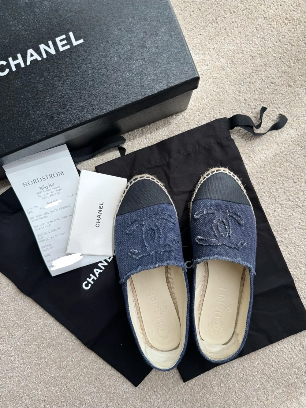 Chanel Navy Espadrille Flats with Black Cap Toe size 36